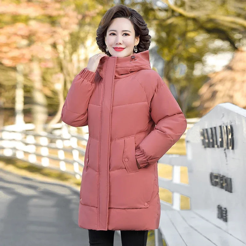 Winter Cotton padded Jacket Hooded solid color fleece thick Parkas Warm Loose Long Overcoat middle aged and Grandma Snow Coat 241120