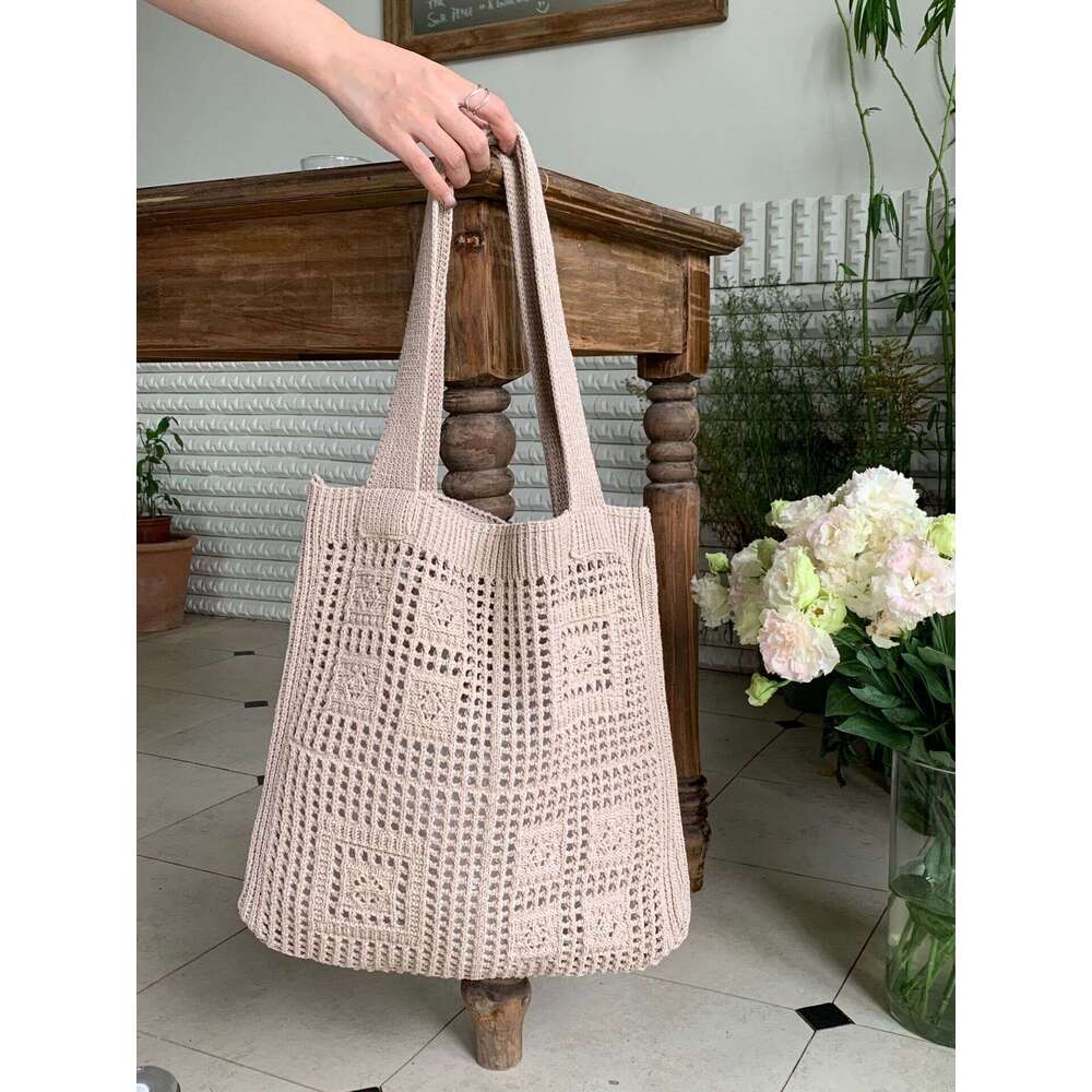 New Retro Mesh Hollow Handmade Knitted Shoulder Woolen Handbag Shopping Bag Women's Bags B1