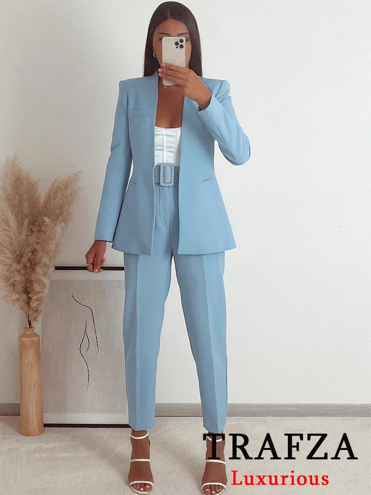 TRAFZA Office Womens Beige Womens Long Sleeve V-neck Oversized JacketHigh Waist Wide Leg Pants Fashionable Retro Set 241130