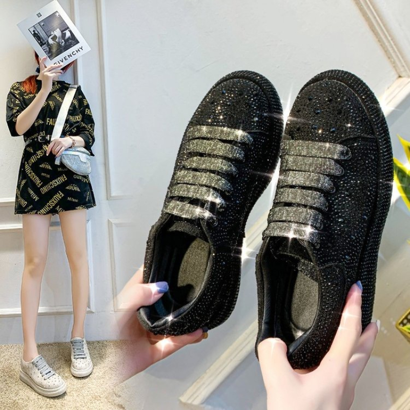 Autumn Spring Women Platform Rhies Thick-Soled White Sier Shoes Shining Crystal Trend Casual Sneakers