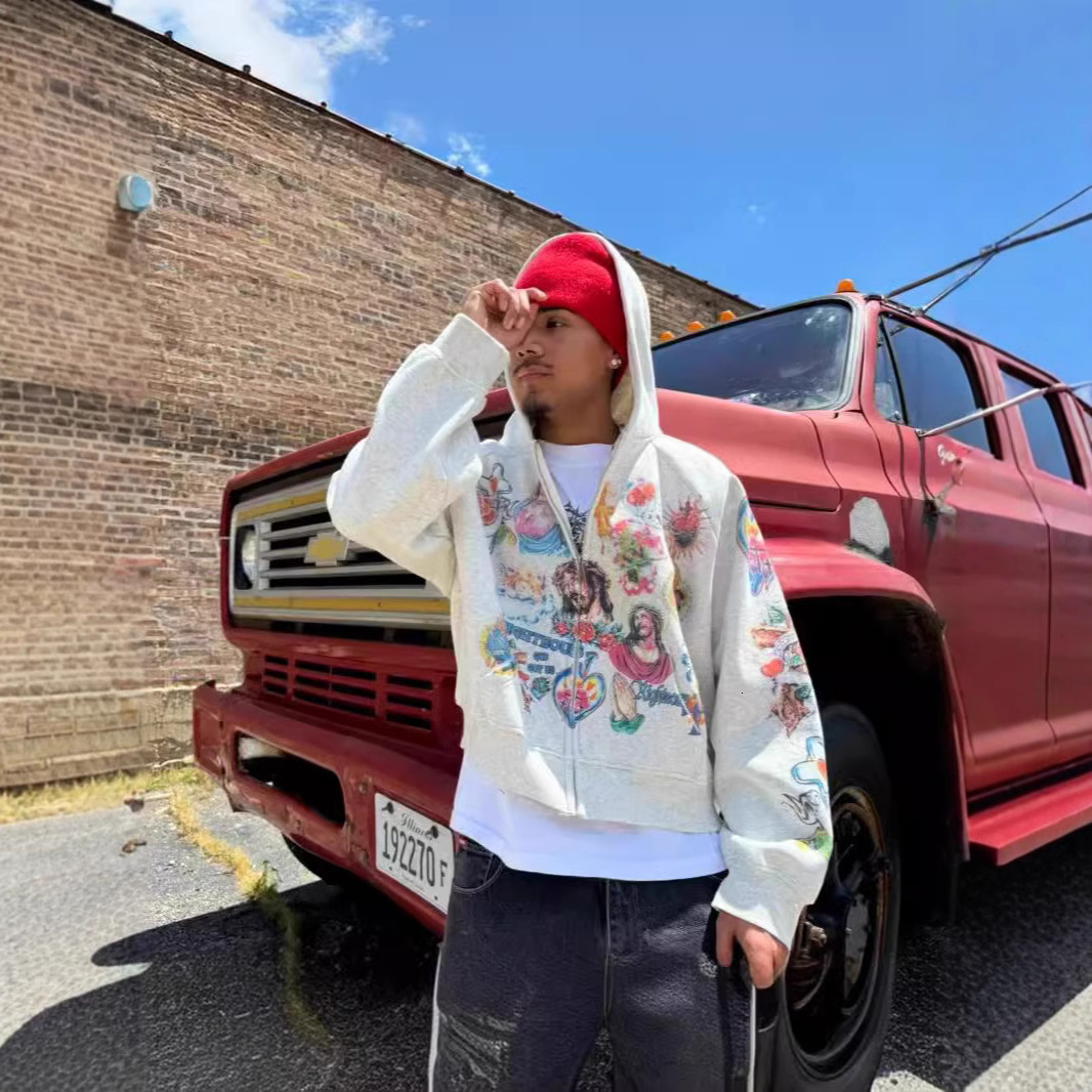 Y2K Harajuku Retro Oversized Zipper Hoodie Street American Style Cross Print Hoodie Trendy Casual All-match Sweatshirt Jacket
