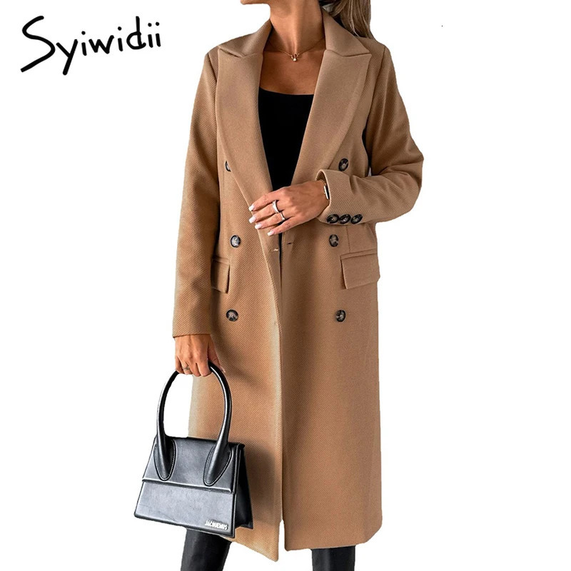 Syiwidii 2024 Autumn Winter Wool Coat Women Elegant Lapel Double Breasted Long Outerwear Casual Solid Slim Chic Lady Streetwear 241121
