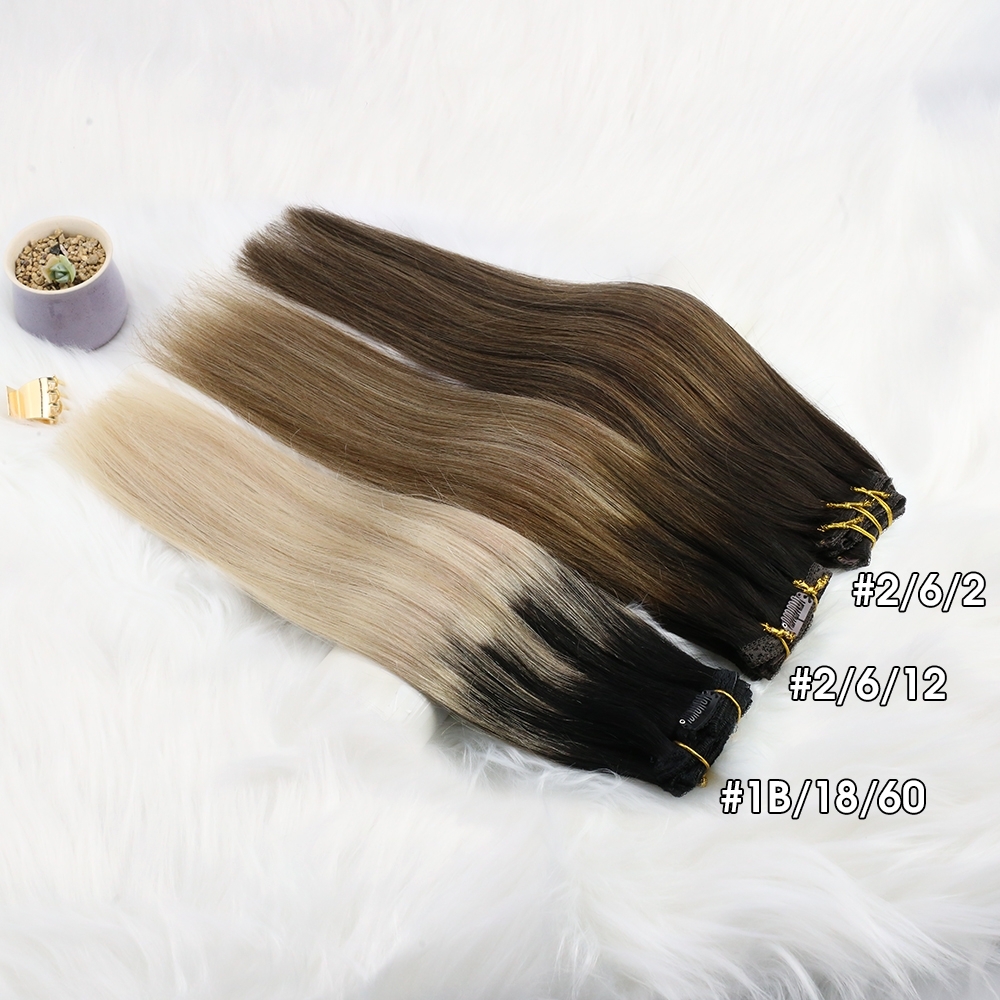 Ugeat Clip In Human Real Remy Highlight Blonde Color Full Head Balayage Bralizian Hair Extensions 7Pcs