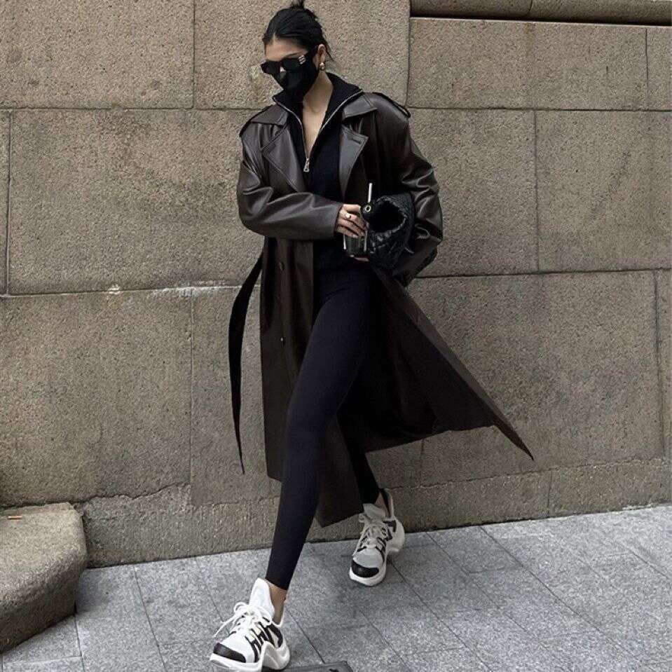 Black brown retro mid knee length PU jacket high-end feel women's spring autumn season, new loose leather windbreaker for 2024, with a unique and