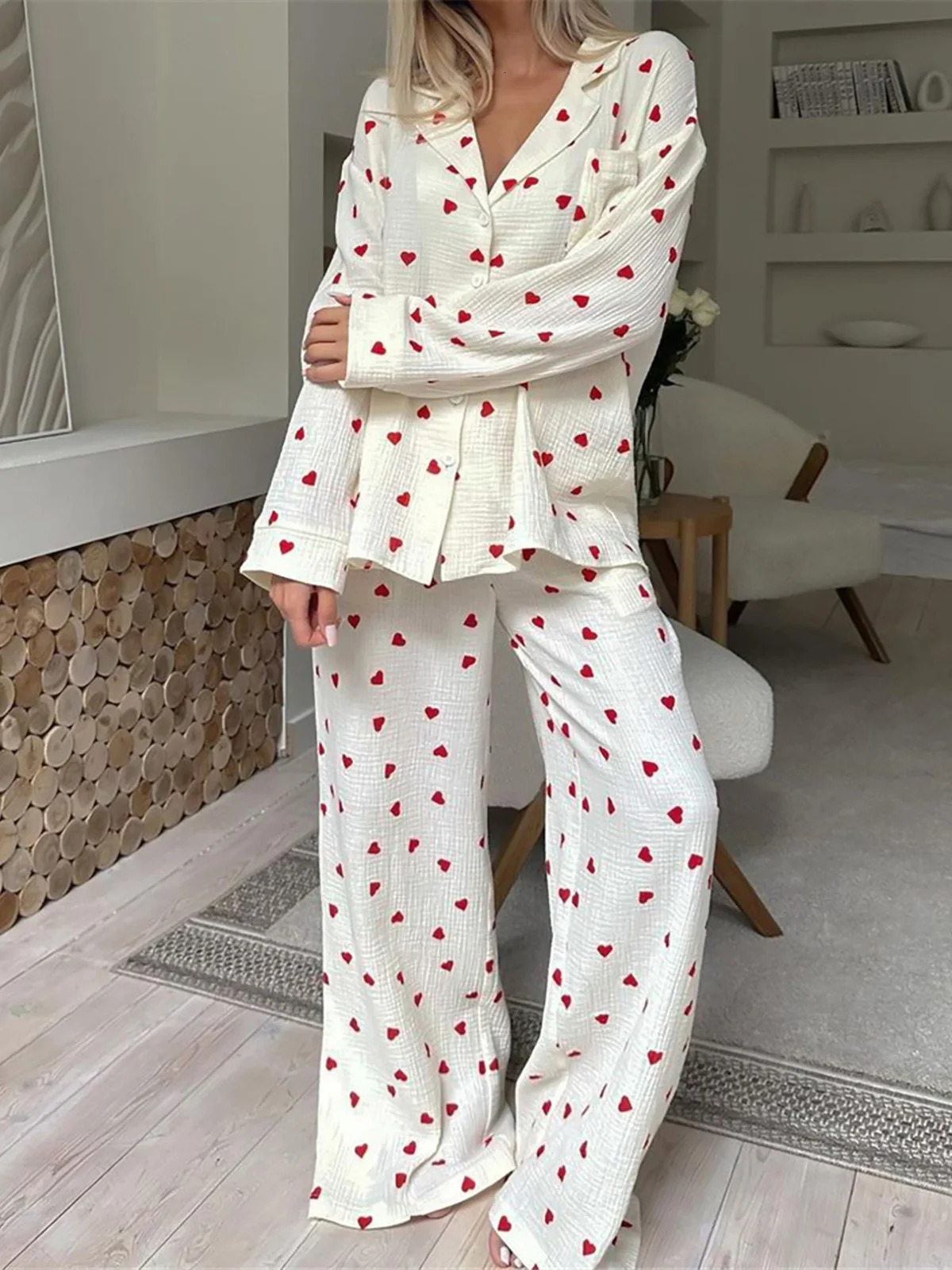 Love Print Womens Cotton Pajama Single Chest Pocket Womens Pajama Collar Long Sleeve Womens Clothing D323 241130