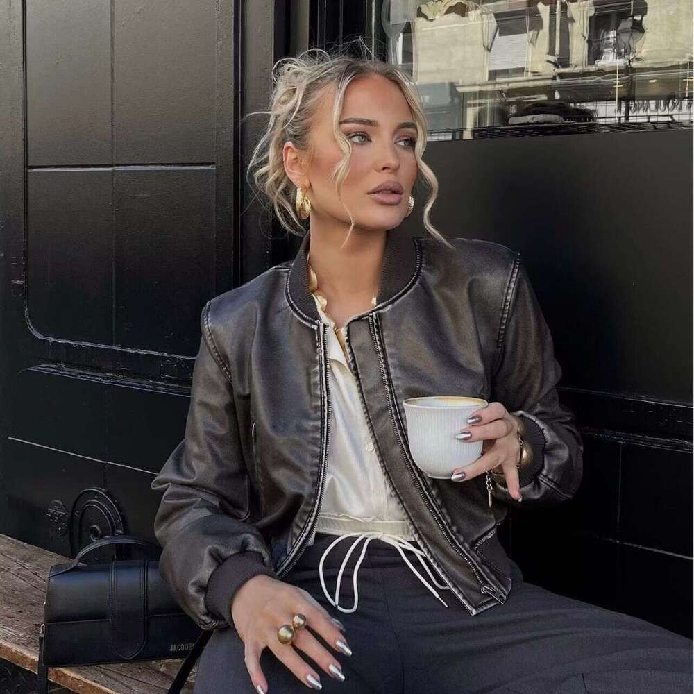 PU street short style slim fit autumn stand up collar motorcycle pilot leather jacket 6 2024 new casual versatile fashion clothing