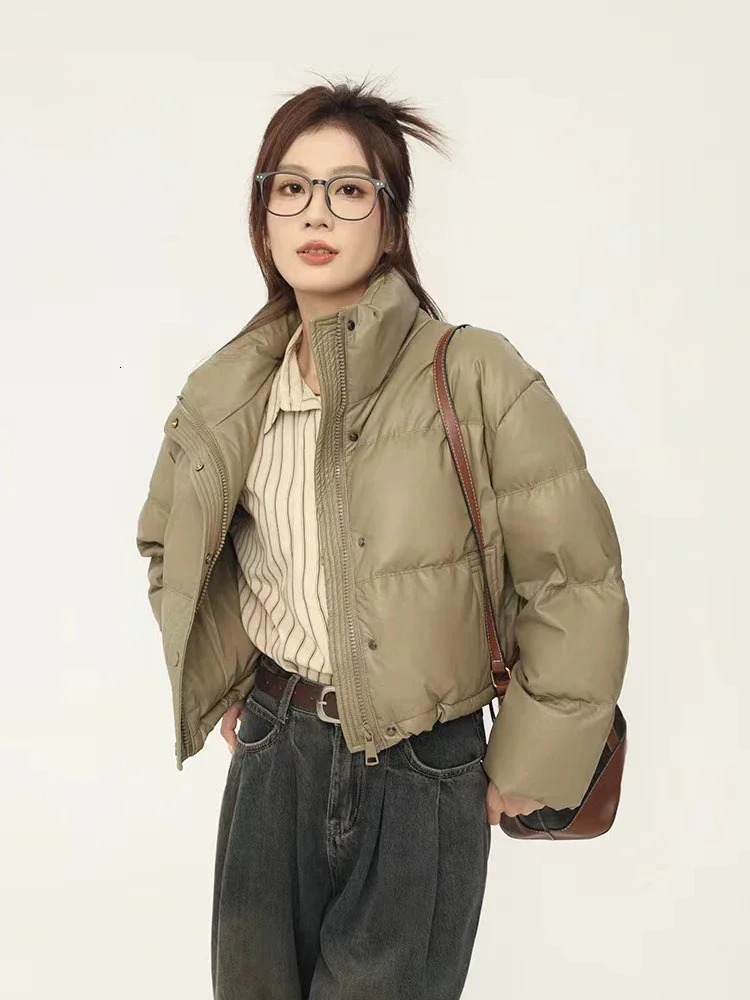 Winter Warm Short Parka Y2K Fashion Pu Leather Crop Puffer Jacket Female Loose Streetwear Zipper Long Sleeve Down Coats 241120