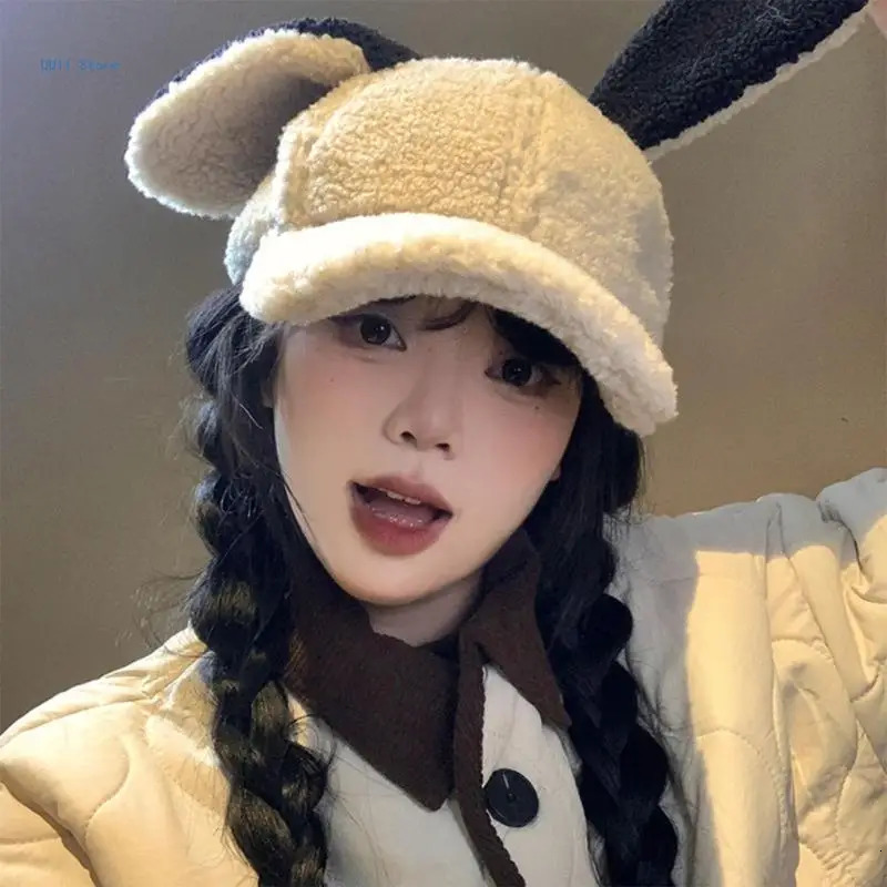 Korean baseball cap with rabbit ears thick cap winter windproof bucket cap 241202