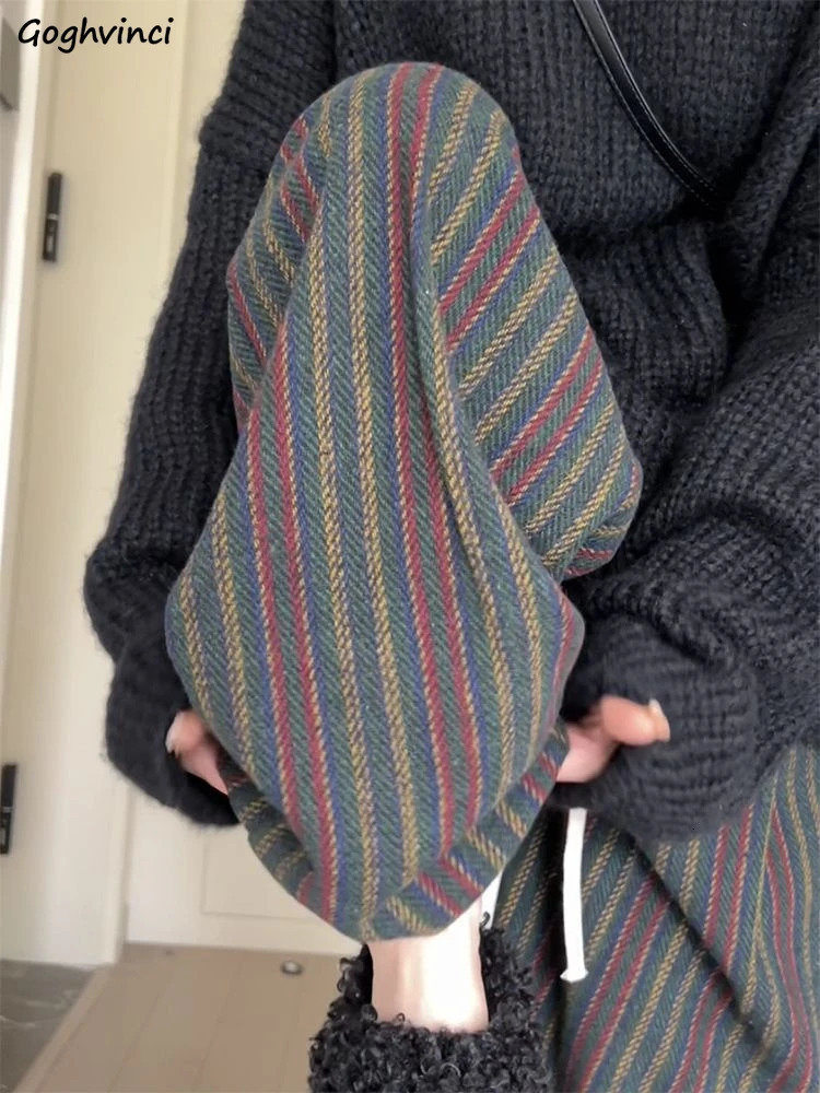 Womens wool striped pants autumn retro fashion wide leg mop Trouser loose full matching womens casual daily fashion 241202