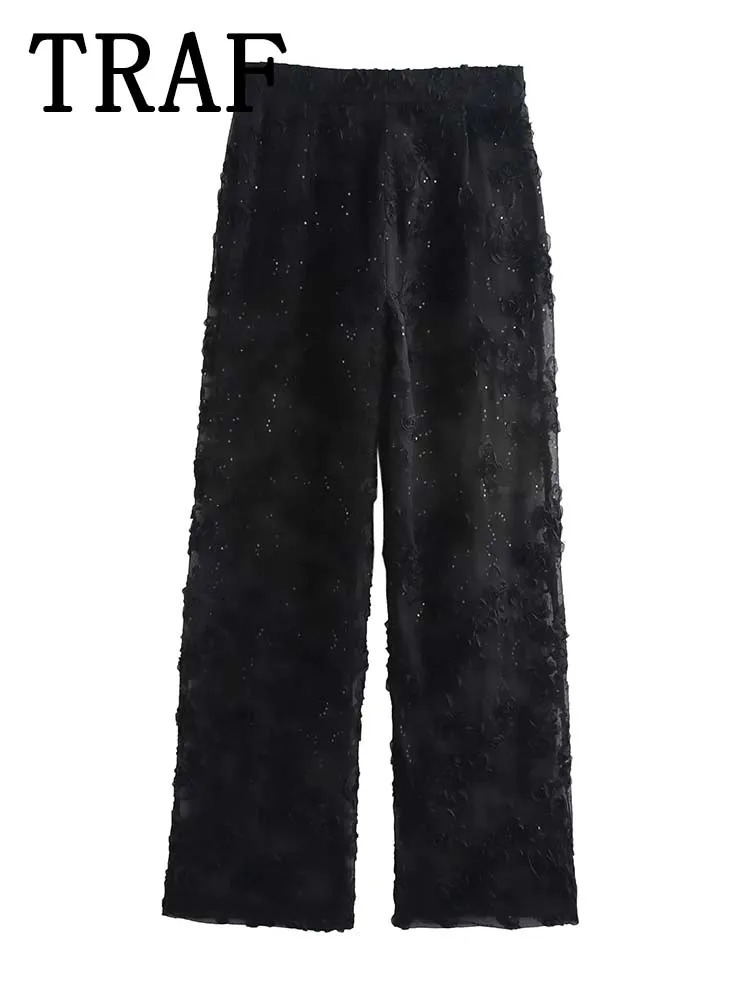 TRAF sequin textured pants set for women 2-piece transparent jacket for women elegant womens clothing 241130