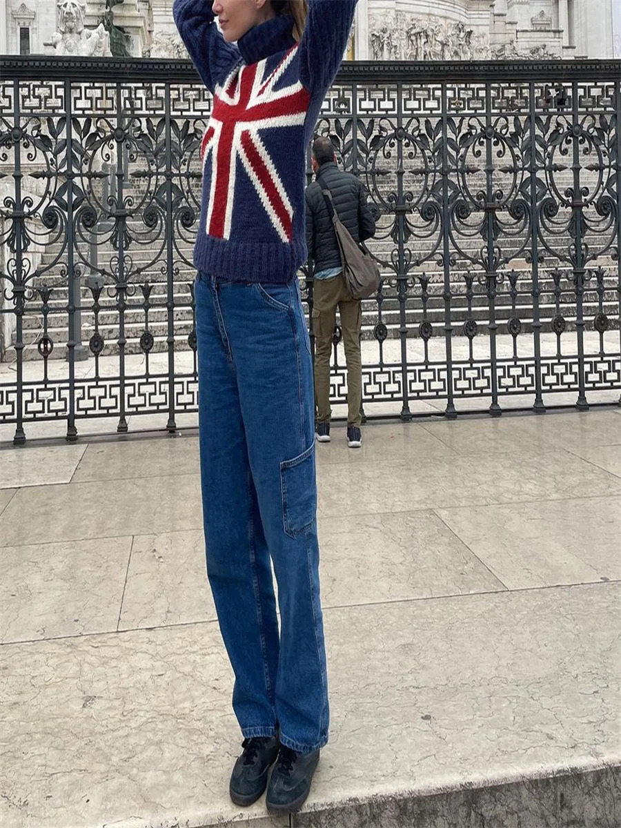 Womens British Flag Print Sweaters Knitted Long Sleeve Mock Neck Loose Fit Pullover Tops Fall Winter Warm Fashion Knitwear Y2K 241202