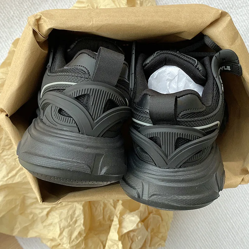 Free shipping all-black chunky sneakers with mesh panel detail thick non-slip sole cushioned insole comfortable trendy versatile casual streetwear sho