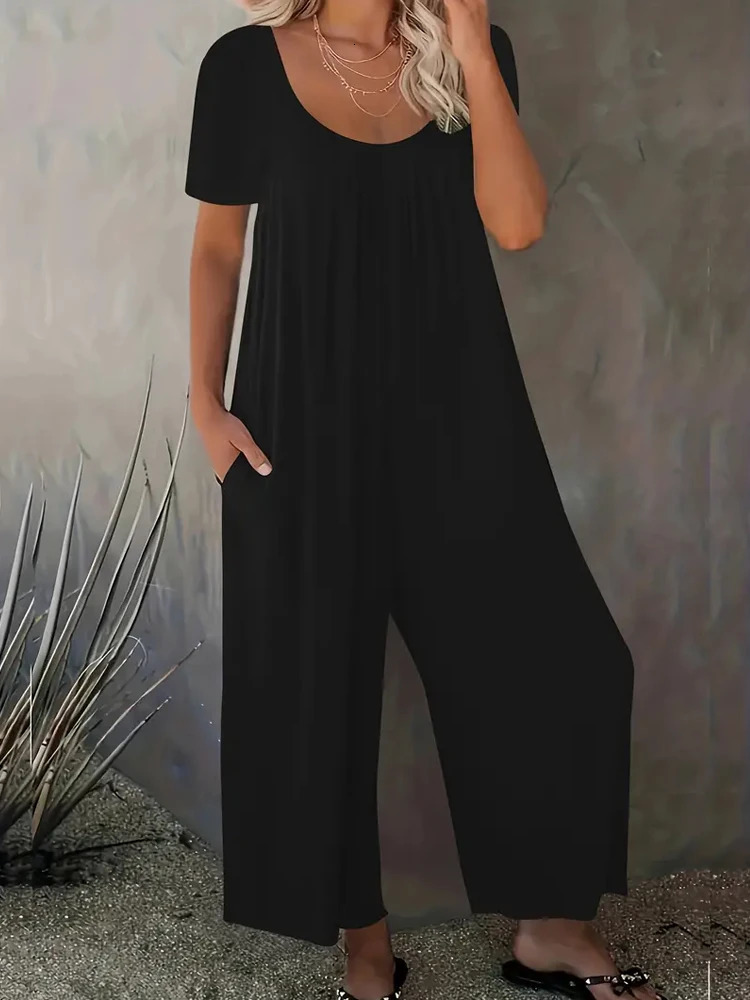 Summer Chic Solid Color Casual Jumpsuit Crew Neck Short Sleeve Wide Leg Long Pant with Pockets Versatile Outfit Womens Clothing 241120