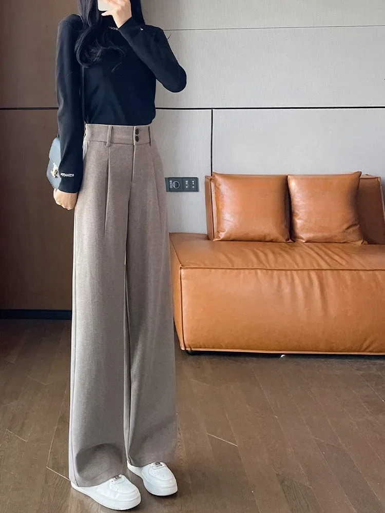 Maid Office Autumn Winter Work Custom Womens Dress Pants Coarse tweed Wide Legs Waist Aesthetic Trend 2024 Harajuku 241202