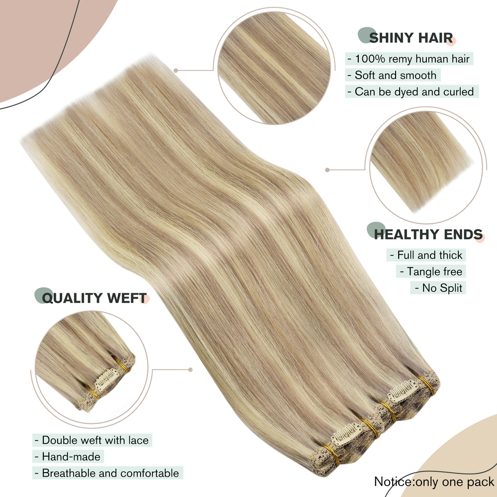 Ugeat Clip In Human Real Remy Highlight Blonde Color Full Head Balayage Bralizian Hair Extensions 7Pcs