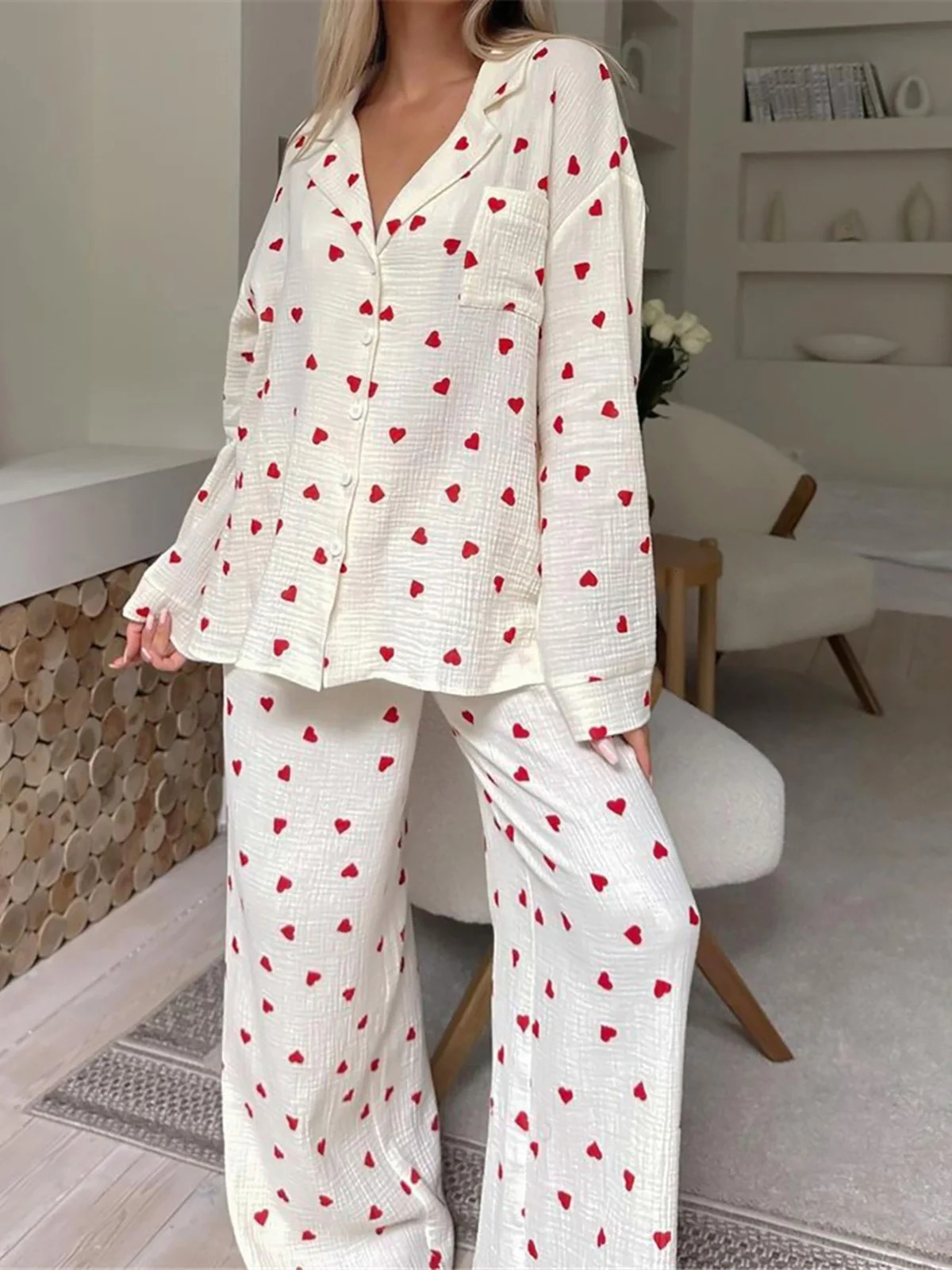 Love Print Womens Cotton Pajama Single Chest Pocket Womens Pajama Collar Long Sleeve Womens Clothing D323 241130