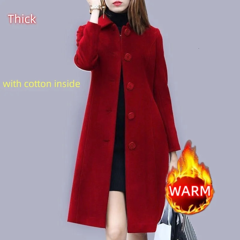 AutumnWinter Elegant Office Lady Thin Thick Woolen Coat Women Chic AllMatch Solid Straight MidLength Windbreaker With Pocket 241121