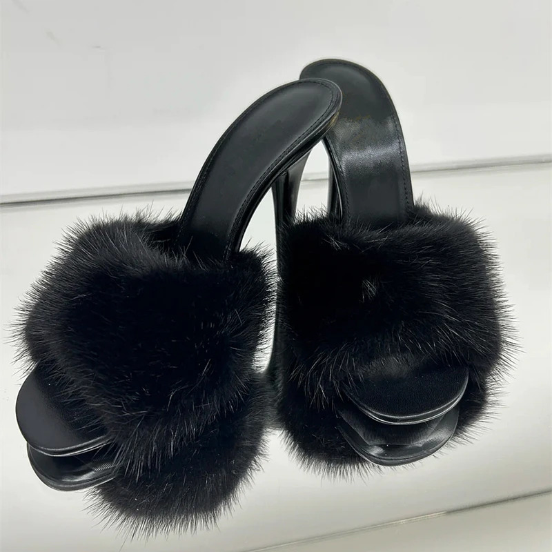 Mink Fur High Heels Women, Slim Heels, Summer New Style, Open Toe Slippers, Sexy Fish Mouth Leather Party Sandals For Women