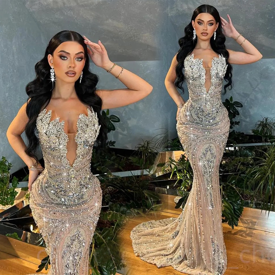 2024 May Aso Ebi Luxurious Mermaid Prom Dress Beaded Crystals Illusion Evening Formal Party Second Reception Birthday Engagement Gowns Dress Robe De S