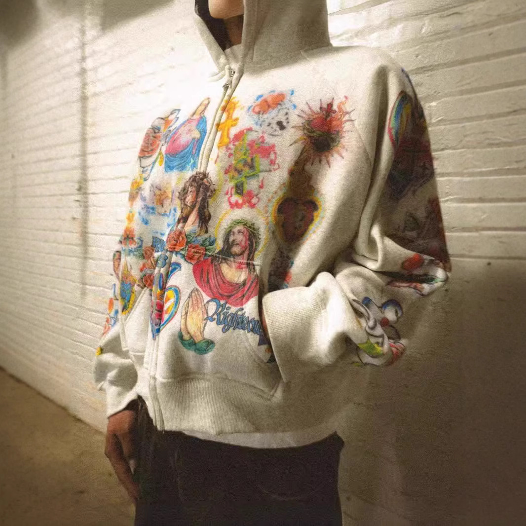 Y2K Harajuku Retro Oversized Zipper Hoodie Street American Style Cross Print Hoodie Trendy Casual All-match Sweatshirt Jacket