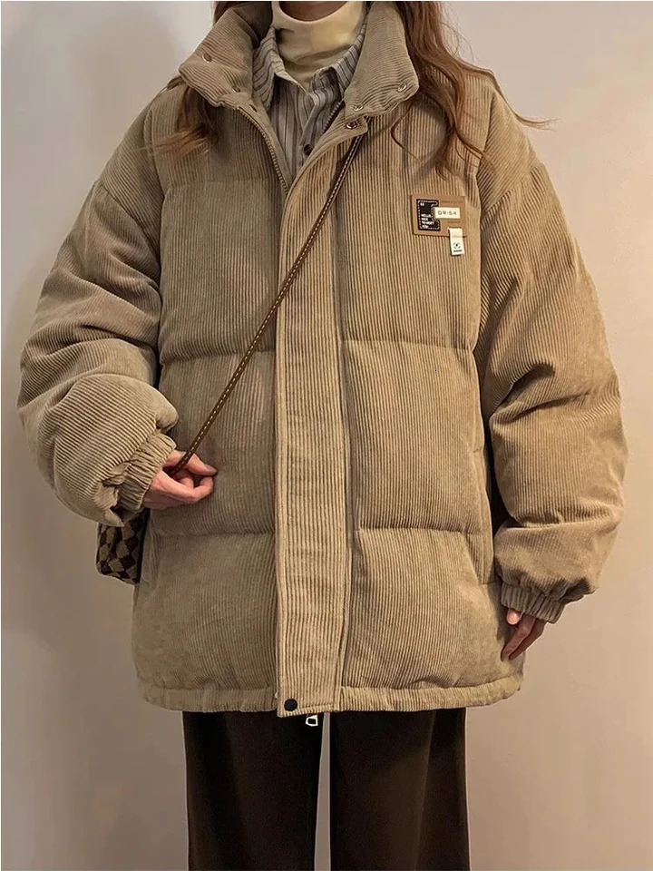 Retro Corduroy Parkas for Women Y2K Winter Streetwear Oversized Thick Warm Puffer Coats Bf Korean Loose Pockets Cotton Outerwear 241120