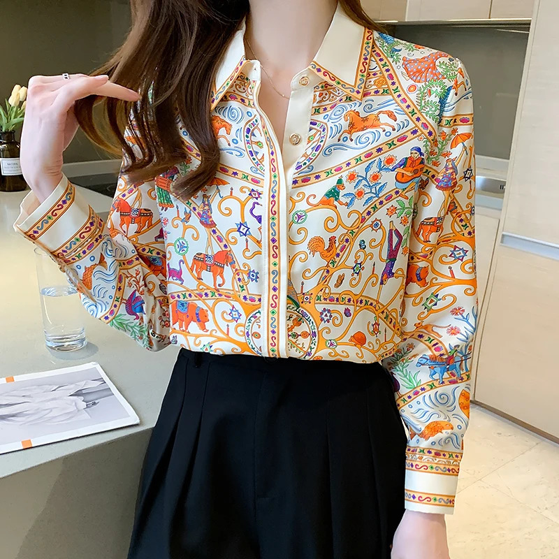 Fashion flower print ladies shirts Womens Blouses Spring Autumn Long Sleeve Shirts Tops Blusas Mujer 241202