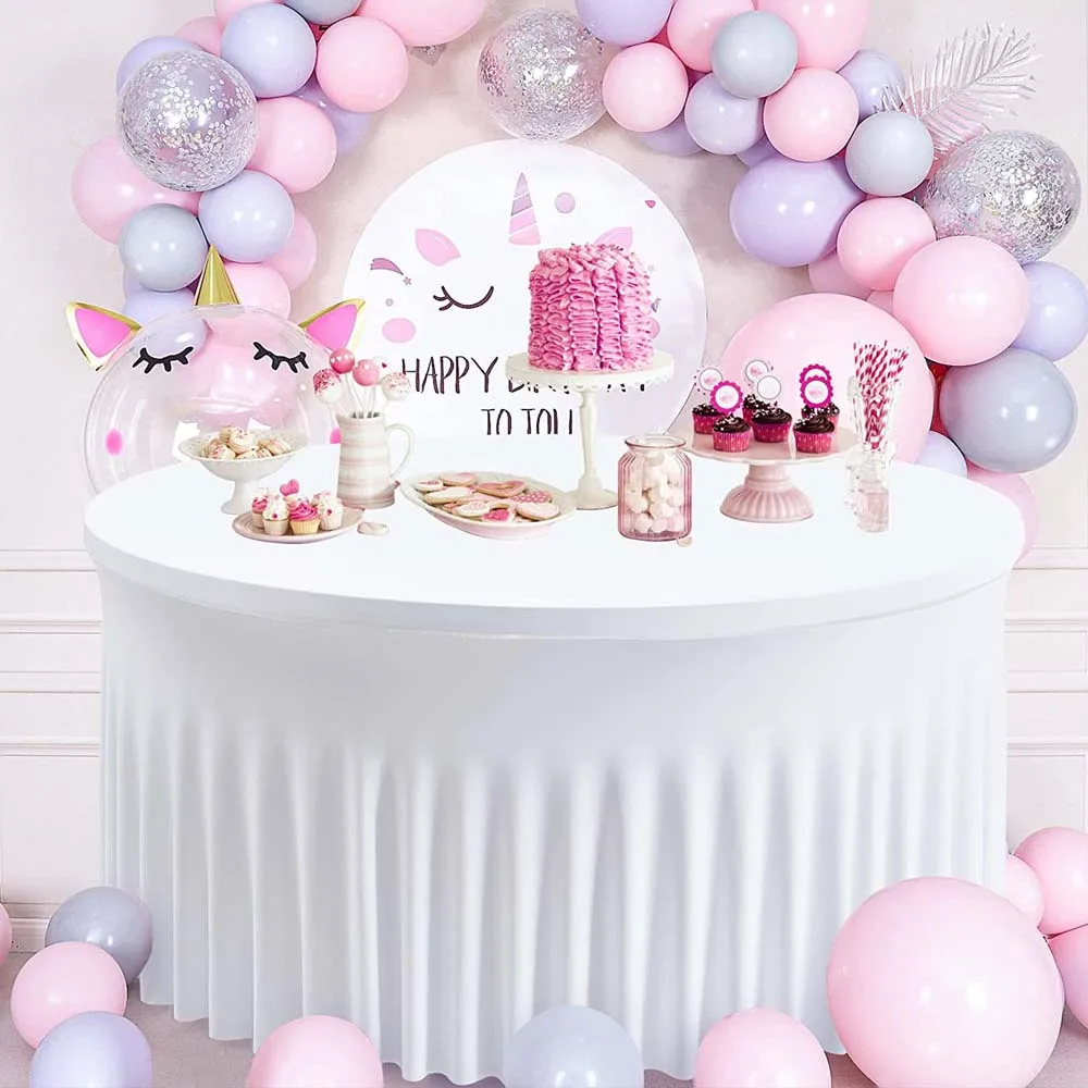 Rectangle/Round Stretch Skirt Hotel Outdoor Birthday Banquet Party Table Cover Black White Spandex Elastic Tablecloth 33