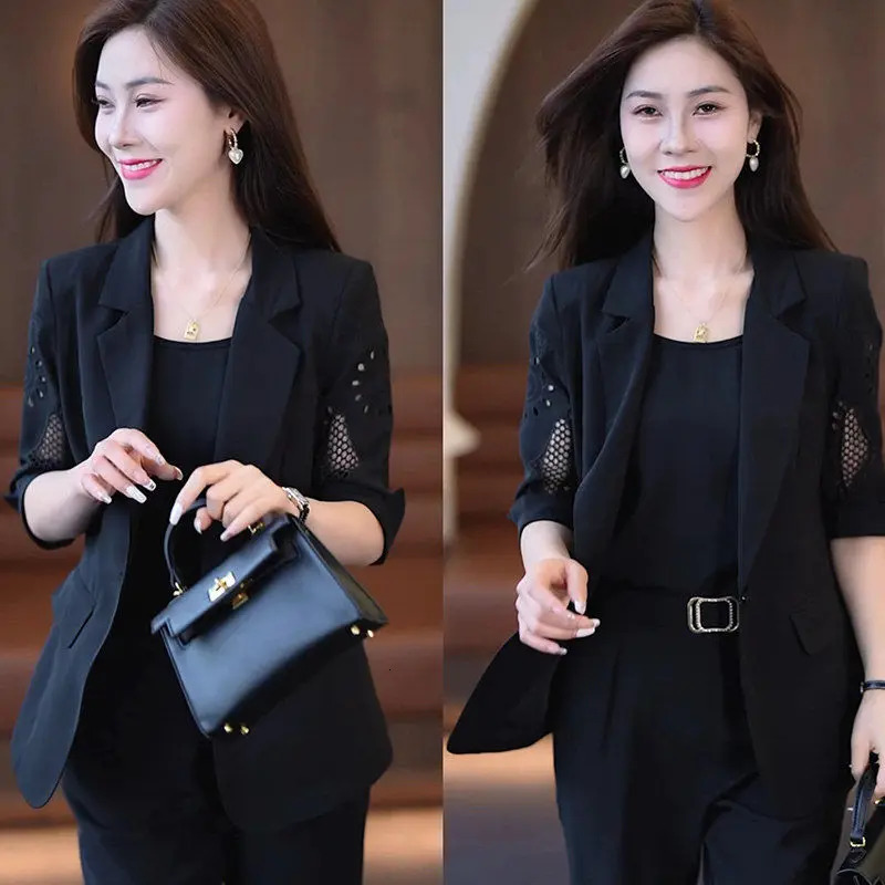 autumn vintage hollow short sleeved jacket with vest casual pants three piece elegant womens pants office set 241130