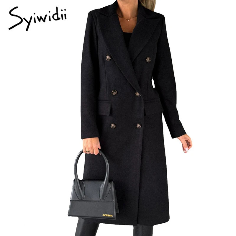 Syiwidii 2024 Autumn Winter Wool Coat Women Elegant Lapel Double Breasted Long Outerwear Casual Solid Slim Chic Lady Streetwear 241121