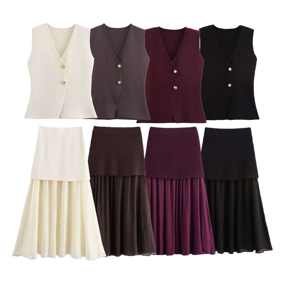 European and American women's summer product V-neck gold button knitted vest+pleated half skirt set 2024 temperament versatile new trendy clothin