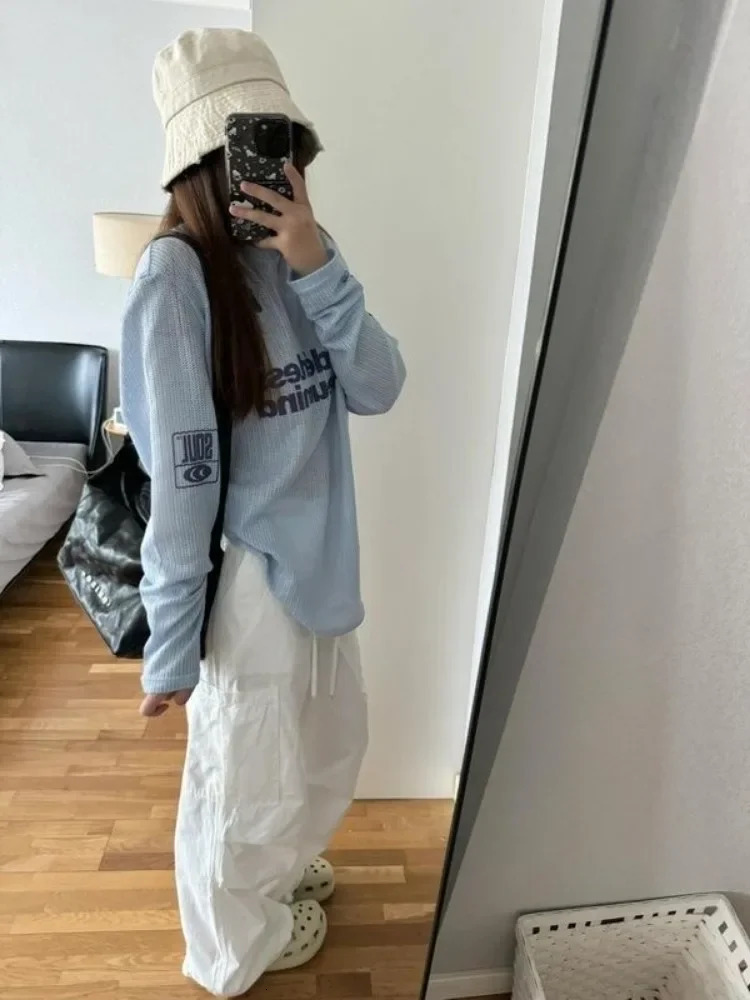 HOUZHOU Y2K Kpop Large Womens T-shirt Hollow Harajuku Sexy Gyaru Street Clothing Long Sleeve Knitted Top Korean Fashion Casual 241202