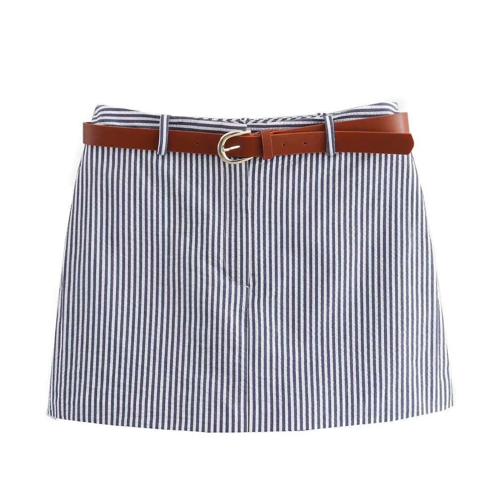 Summer European American Women's Street with Belt and Striped Skirts W025 1053 2024 New Casual Fashion Trendy Clothing