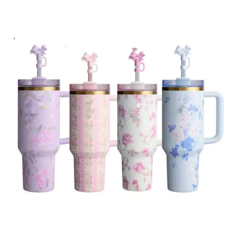 US STOCK Rosa Beaux Water Bottles Pink Rose Blue Magnolia Mug Holiday Stainless Steel Tumblers With Silicone Handle Lid And Straw Cups Mugs Target Gg1