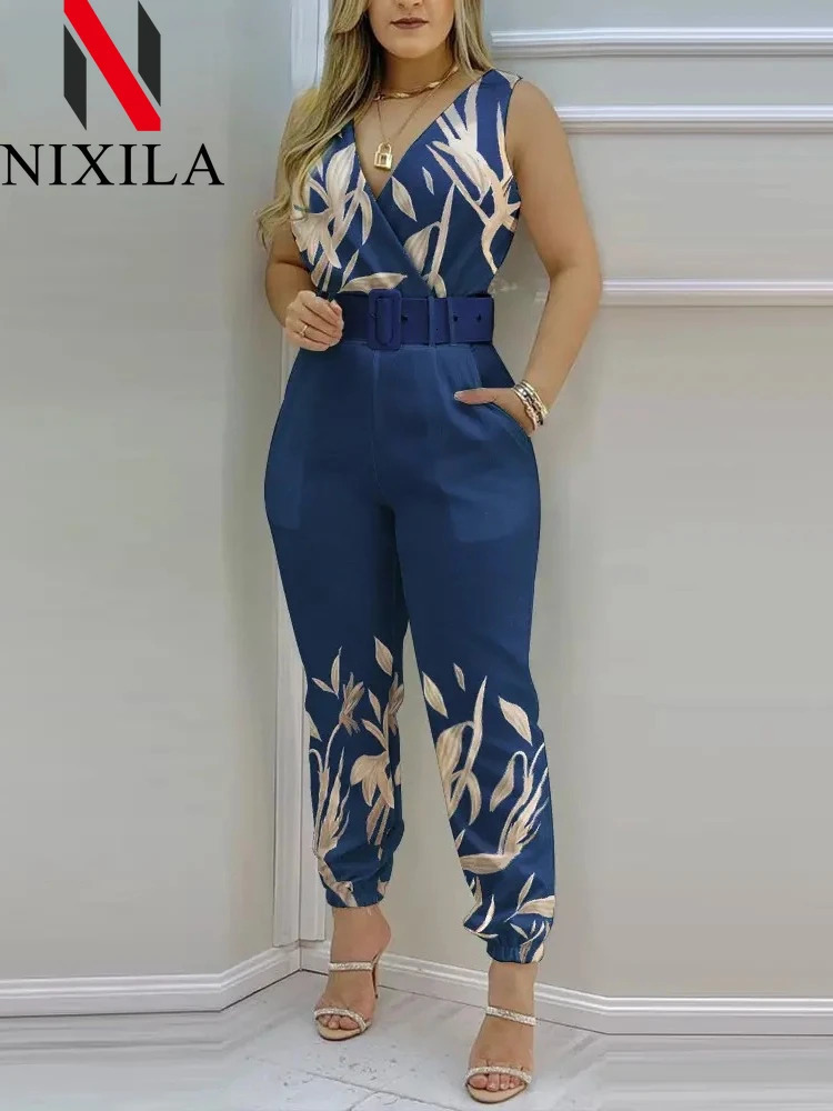 in Summer Vneck Backless Printed High Waist Jumpsuit for Women Bodysuit Overalls Sexy Streetwear 241120