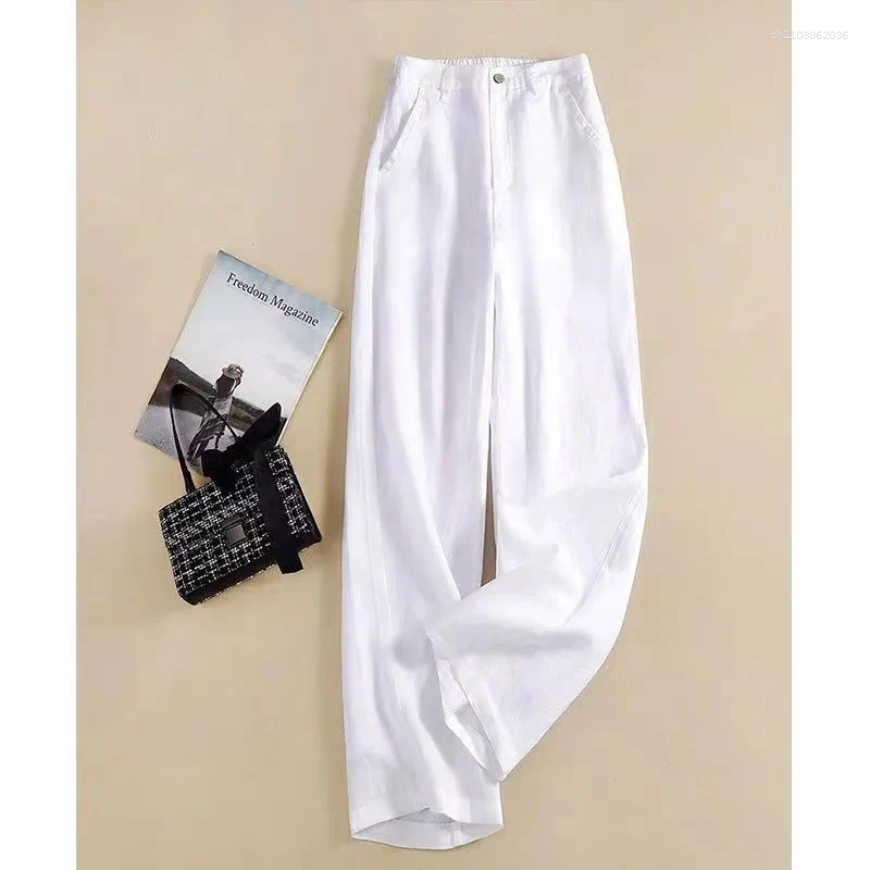 Women's Pants Summer Baggy Cotton Linen Women Elegant High Waist White Wide Leg Woman Casual Loose Straight Full Trousers Female