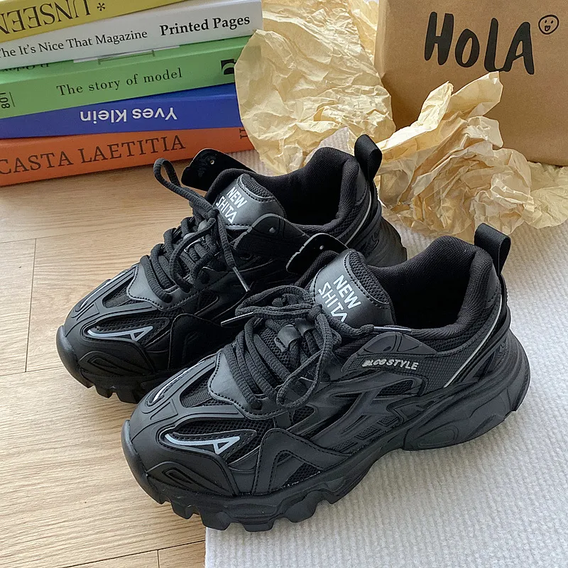 Free shipping all-black chunky sneakers with mesh panel detail thick non-slip sole cushioned insole comfortable trendy versatile casual streetwear sho