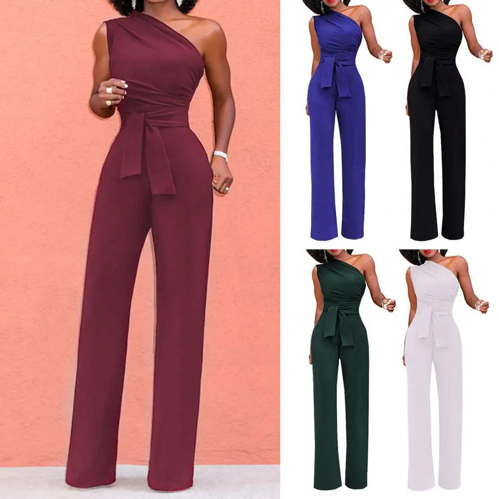 Sexy One Shoulder Rompers Jumpsuit Summer Sleeveless Belt Wide Leg Elegant Lady Size Bodycon Jumpsuits White Black 241120
