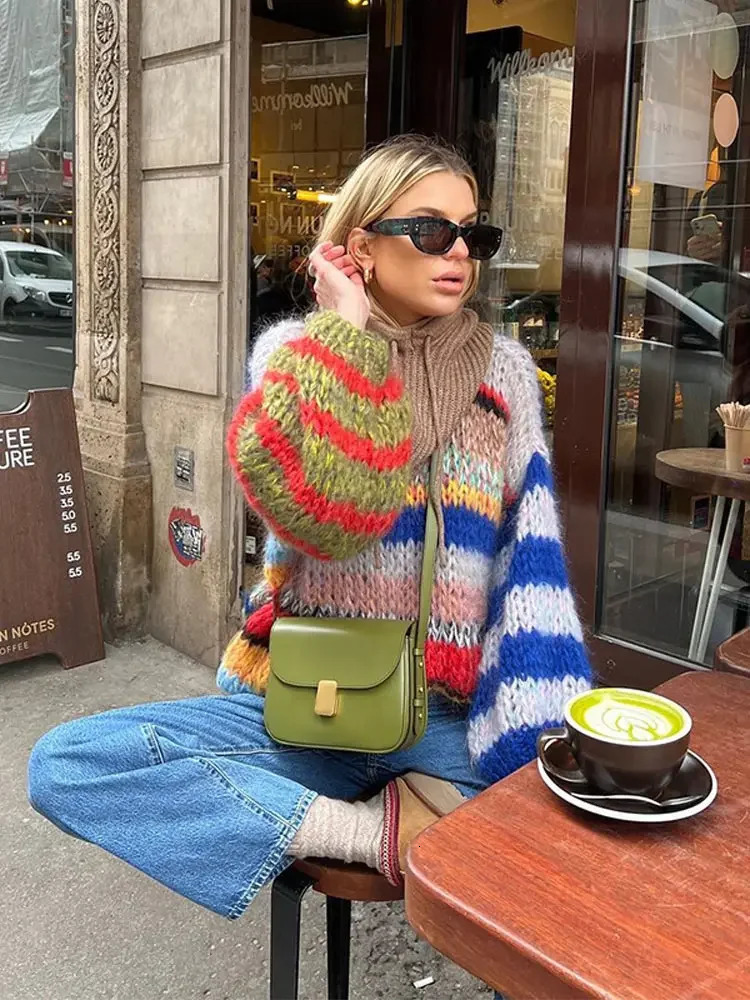 Fashion Contrasting Oversize Sweater O Neck Knitted Sweater Coat Casual Loose Female Coat Autumn Winter Lady Outerwear 241202