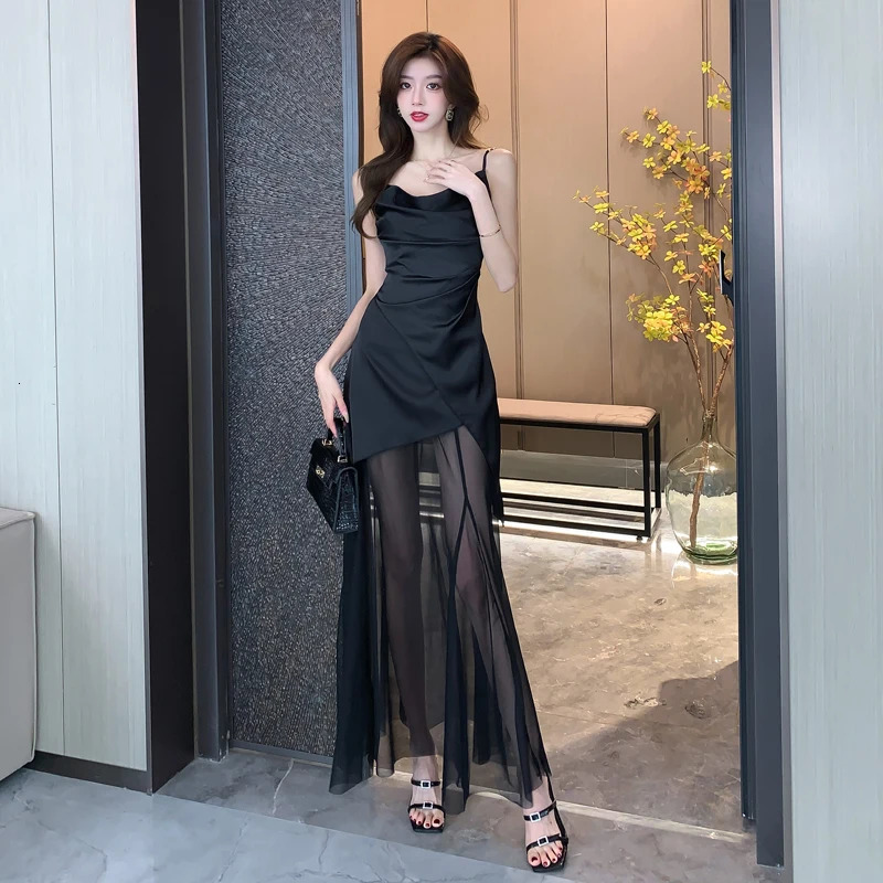 Korean Black Spaghetti Strap Midi Dresses for Women Elegant Party Fashion Sleeveless Patchwork Sexy Slim Female Clothes 241202 - view 3