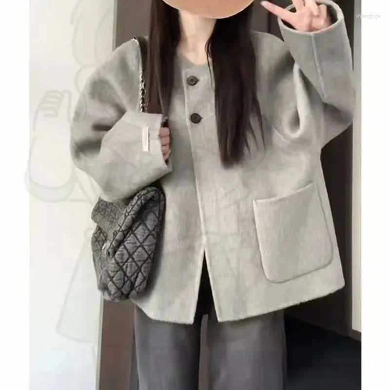 Womens Jackets Hdspq Grey Single Breasted Outerwear Women Autumn Winter Warm Loose Jacket Woman Long Sleeve All-Match Big Pocket Clothing