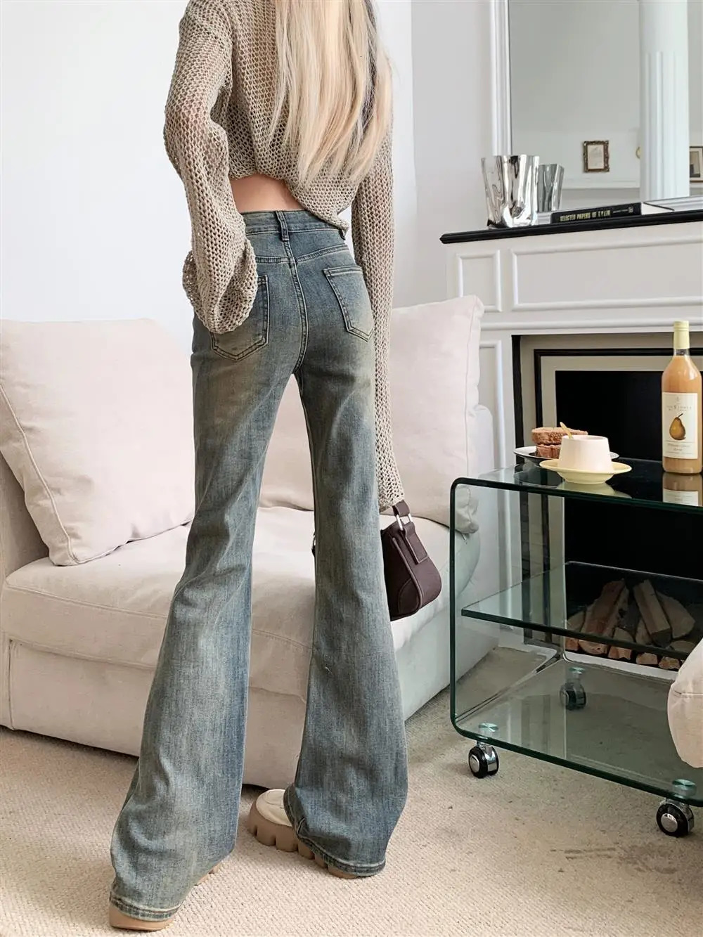 150 Petite girls wash made old micro flared jeans High waisted straight leg n version horseshoe pants xs show height 241121