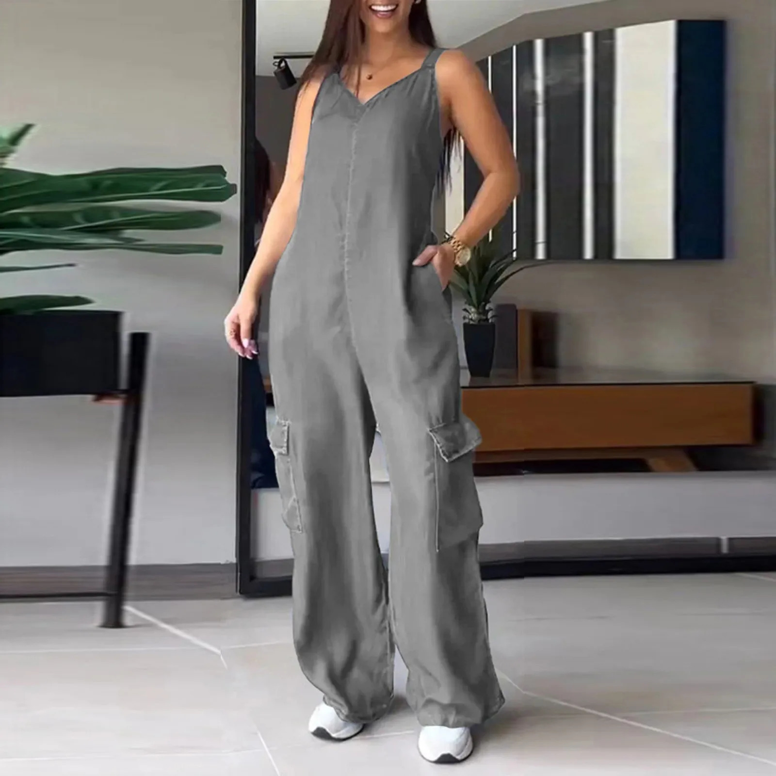 Women Casual Wide Leg Jumpsuits Loose Fit Sleeveless Jumpsuit With Pockets Fashion Sports Activity Streetwear Overalls 241120