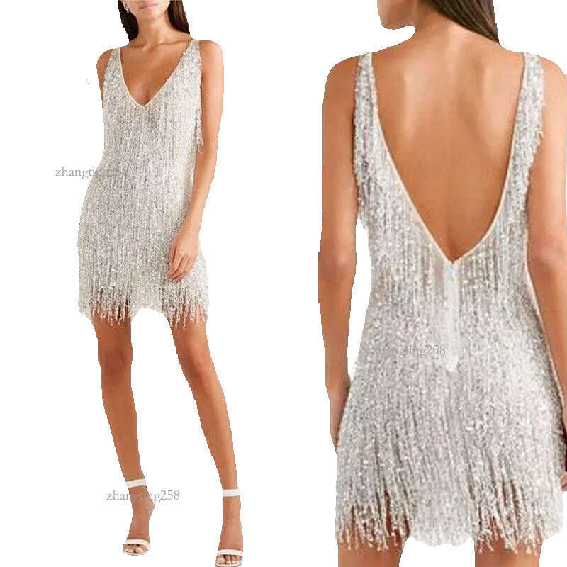 Casual Dresses European And American Foreign Trade Style Women's Sexy Fringed V-neck Slim Dress2241