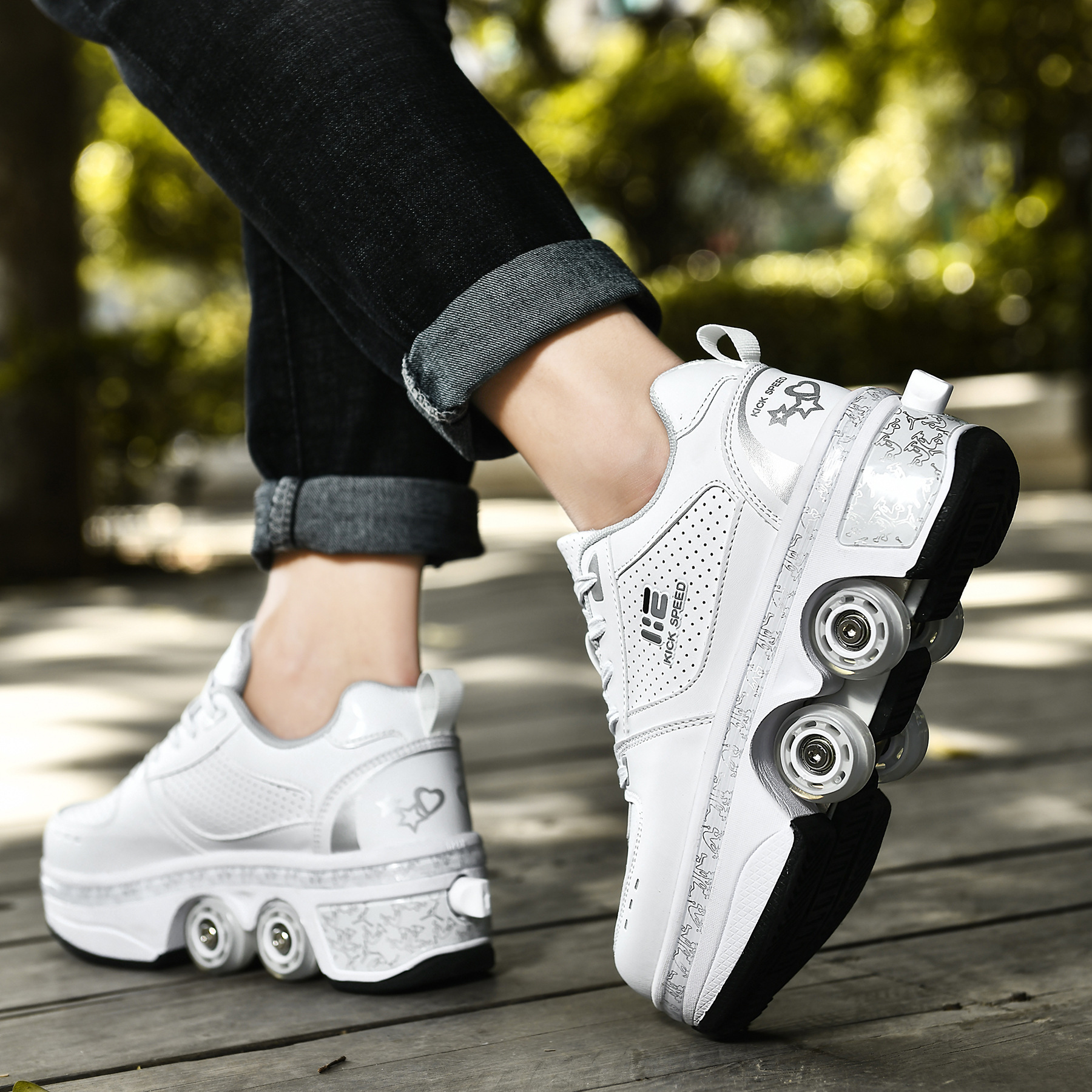 Deform Wheel Double Row Sneakers 4 Wheels Breathable Skates Shoes Walking Invisible Pulley Deformation Roller