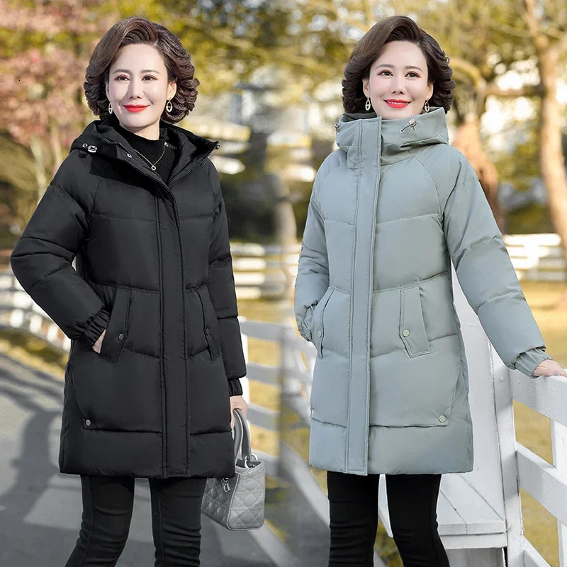 Winter Cotton padded Jacket Hooded solid color fleece thick Parkas Warm Loose Long Overcoat middle aged and Grandma Snow Coat 241120