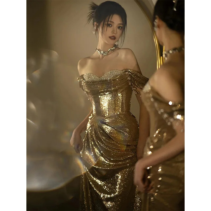 Elegant Backless Maxi Dress for Women Gown Summer Golden Womens Sequined Sleeveless Club Party Dress Vestido Evening Dresses 241202