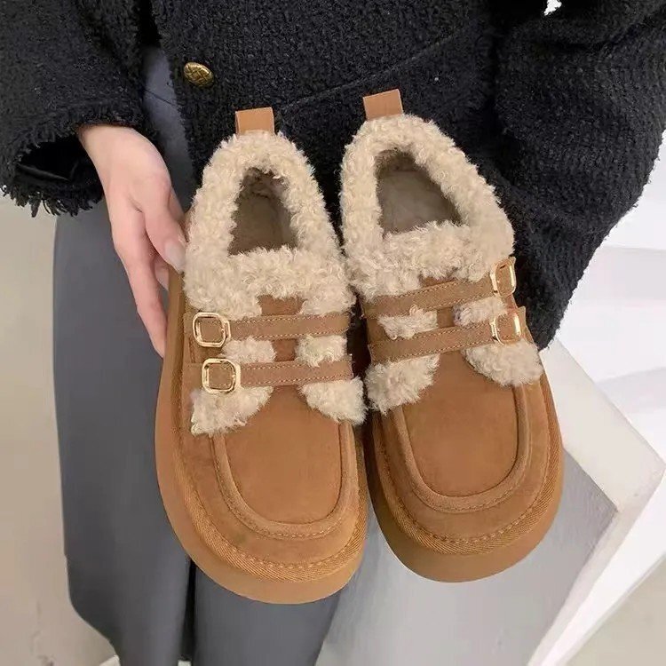 2024 New Fashionable Lazy Thick soled Cotton Shoes for Women's Winter Outerwear, One Step Stepping Snow Cotton Shoes, Retro Plush Boken Shoes