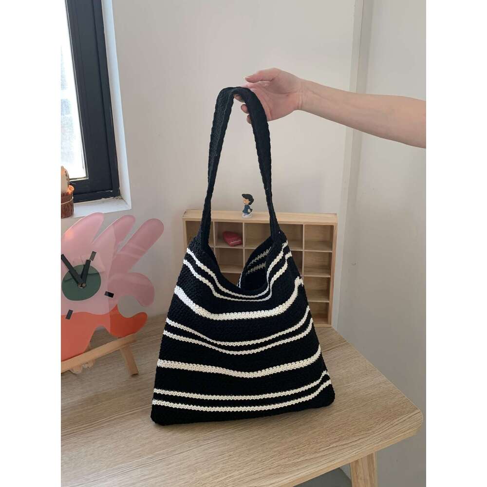 Japanese And Korean Simple Cross-Border Knitted Striped Woven Bag Women's High-End Niche Versatile Yarn Shoulder Bags B1