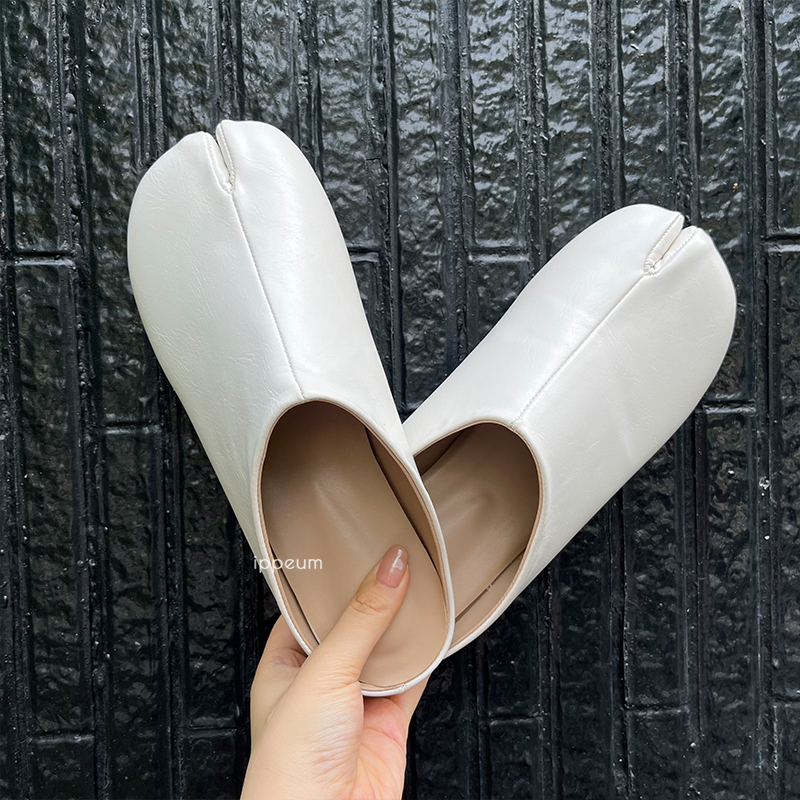 IPPEUM Tabis Mules Split Toe Plus Size 44 Black Leather Slippers Women Designer Flat Shoes