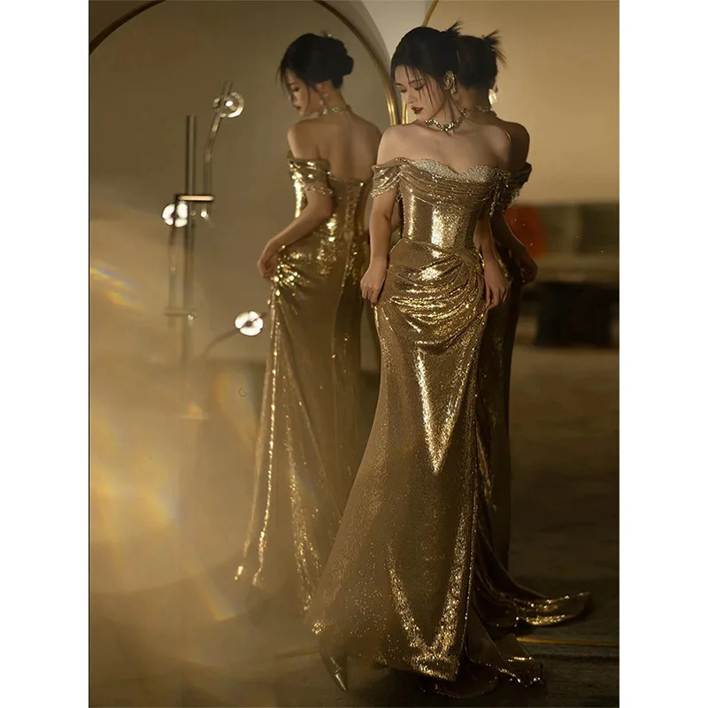 Elegant Backless Maxi Dress for Women Gown Summer Golden Womens Sequined Sleeveless Club Party Dress Vestido Evening Dresses 241202